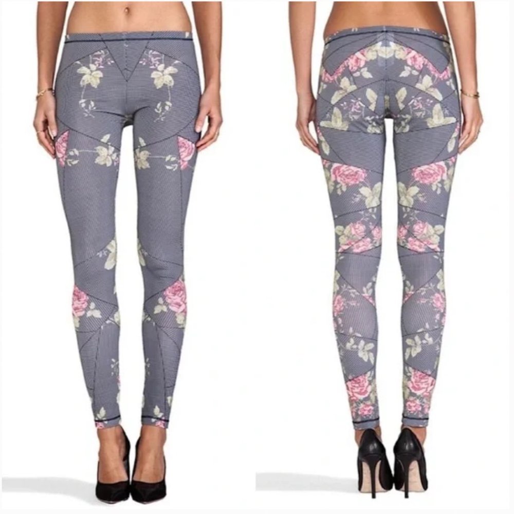 Alexander McQueen Gray Floral Leggings with Pink & Cream Accents